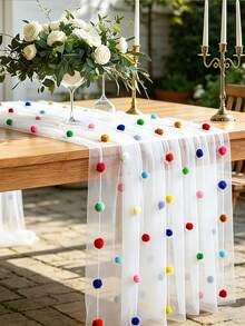 1/2pcs Cute Party Tablecloth With 3D Velvet Pom Poms, Colorful Polka Dot Sequin Tulle Table Runner, Macaron Color Mesh Gauze Rainbow Restaurant Decor, Suitable For Birthday Wedding Home Party - Multicolor - View 6