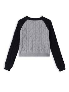 Sweater Rajut Kabel Lengan Raglan Kontras Abu-abu & Hitam American Vintage untuk Wanita, Pullover Leher Bulat Pendek Ramping Bordir untuk Musim Gugur - Grey - View 4