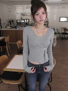 YCYC Spring/Autumn Elegant Slimming Front Slit Long Sleeve Top - Grey - View 3