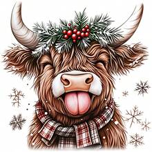 1/2/3pcs Christmas Highland Cow Heat Transfer Sticker, Long-Haired Yak With Tongue Out, Pine Branch Red Berry Wreath, Red And White Plaid Scarf, Snowflake And Snow Elements, Cozy Winter Cartoon Christmas DIY Print, Suitable For T-Shirts, Sweatshirts, Canvas Bags - Multicolor - View 1