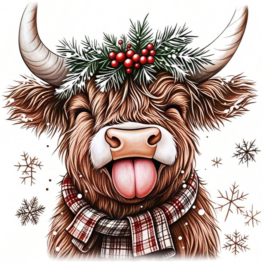 1/2/3pcs Christmas Highland Cow Heat Transfer Sticker, Long-Haired Yak With Tongue Out, Pine Branch Red Berry Wreath, Red And White Plaid Scarf, Snowflake And Snow Elements, Cozy Winter Cartoon Christmas DIY Print, Suitable For T-Shirts, Sweatshirts, Canvas Bags - Multicolor - View 1