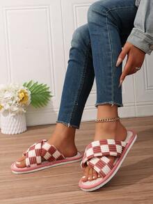 Classic Plaid Thick Stripe Criss-Cross Open Toe Plush Slippers For Women, Indoor Home Living Room Fashion Gift Slippers, Comfortable Breathable All-Season, Multiple Colors Available - Pink - View 8
