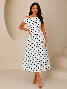 ChicMe Women Polka Dot Skew Neck Midi A Line Dress Retro Pleated Waist Pocket Sundress Elegant Date Party Wear - White - View 8