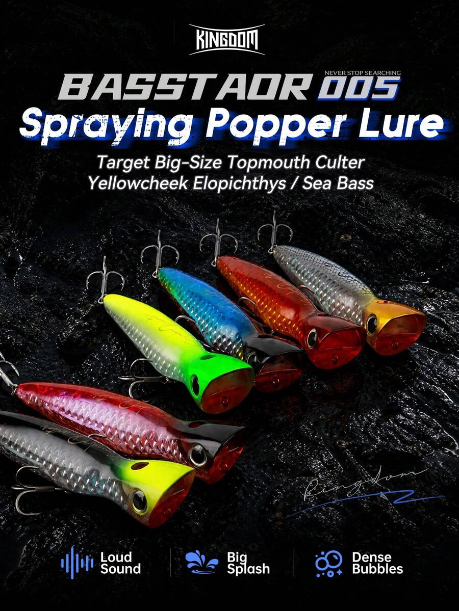 KINGDOM Topwater Popper Fishing Lure 95/110/130mm Floating Spraying Bubble Hard Bait Long Cast Noise Rattle For Seabass Snakehead Big Predator Saltwater Freshwater Fishing Tackle