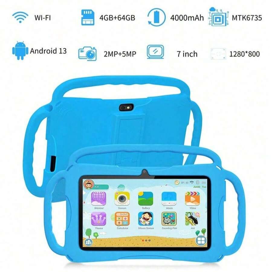 4GB RAM + 64GB ROM / 7-Inch Tablet / Quad-Core 1.3GHz / Android 13 MTK8321 / 1280x800 HD IPS Display / 2MP+5MP Camera / 4000mAh Battery / WiFi, Parental Control, Education, Gaming / ABS Plastic + Silicone, Educational Tablet - Pink Handbag - View 1
