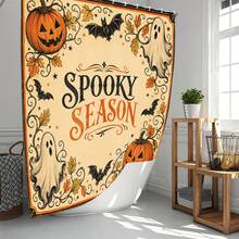 1pc/4pcs Halloween Vintage Beige Ghost Bat Pumpkin Multi-Function Bathroom Decor Shower Curtain Set, Free 12 Hooks, Premium Holiday Atmosphere, Bathroom Mat, U-Shaped Rug And Round Toilet Lid Cover, Suitable For All Scenes Decoration Bathroom Set - Pumpkin Ghost - View 2