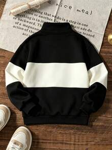 Boys Color Block Half Zip Stand Collar Sweatshirt, Casual Long Sleeve Pullover For Fall Winter Kids Sports Tops - Black - View 4