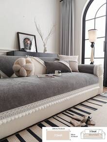 1pc Nordic Style Solid Color Minimalist Versatile Sofa Cushion, Lace Trim & Pom Pom Decor, All-Season Non-Slip Sofa Cover, Machine Washable, Pet-Friendly, Suitable For Single, Double, Triple, Quadruple And Sectional Sofas, Jacquard Craft, Home Decor - Dark Grey - View 15