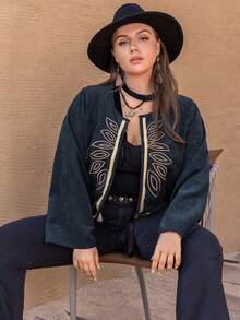 Jaket Bohemian Vintage Bordir Korduroi Biru Tua untuk Wanita Ukuran Besar - Navy Blue - View 2