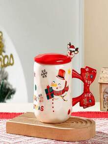 1pc Christmas Ceramic Mug With Bow-Shaped Handle, Santa, Snowman & Reindeer Pattern Coffee Cup, Red Lid And Cute Stirrer Included, Holiday Table Decoration, Festive Drinkware For Coffee & Cocoa, Ideal Christmas Gift For Family And Friends - Multicolor - View 14