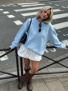 FOR BEAUTY Fall Winter Women Sweaters Y2K Elegant Light Blue Crew Neck Oversized Slouchy Knit Pullover Sweater Tops Casual Party Going Out Outfits - Pink Blue - View 3