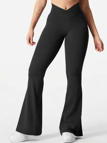 YEOREO Flare Scrunch Leggings For Women V Cross Waist Bell Bottom Yoga Pants 31.5" Tummy Control Bootcut Butt Lifting Workout Winter Leggings - 黑色 - 查看 5