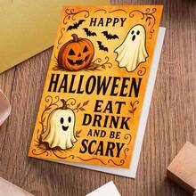 1 Grußkarte + 1 Umschlag Gruselige Halloween Grußkarte, Kürbis und Geist Design "Essen, Trinken und Gruselig sein", perfekt für Freunde, Halloween Festlicher Vintage Stil. - Übersicht 7