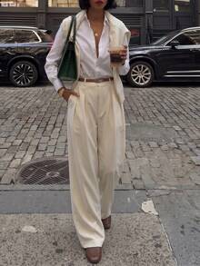 Casual Versatile Commute Solid Color Straight Leg Pants - Cream - View 1