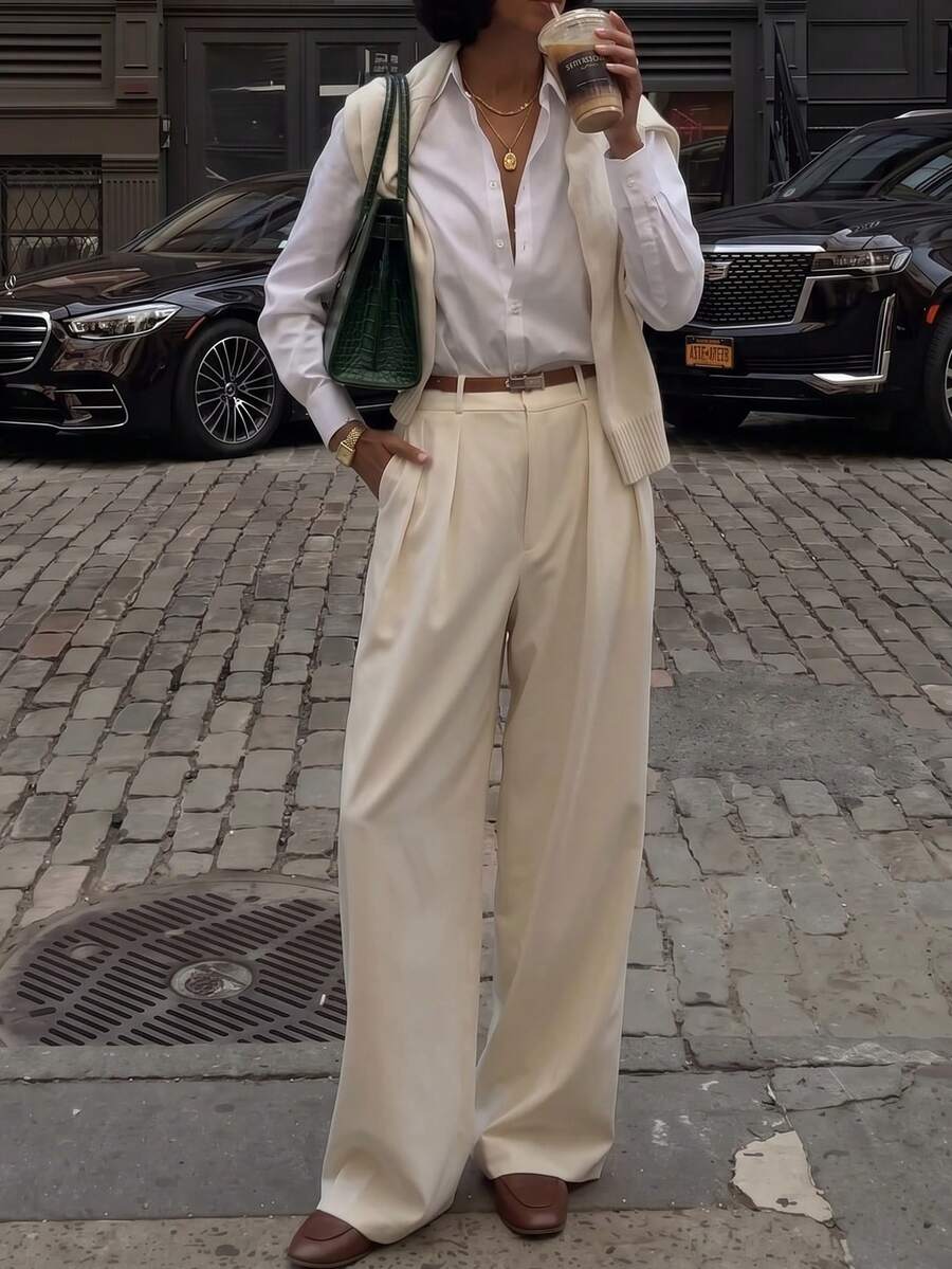 Casual Versatile Commute Solid Color Straight Leg Pants - Cream - View 1
