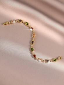 1pc Exquisite Chain Bracelet With Inlaid Oval Multi-Colored Cubic Zirconia, Elegance Jewelry For Bridal Wedding, Birthday Gift, Party & Daily Wear - Multicolor - View 6