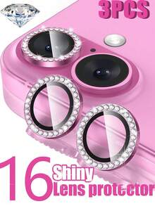 3pcs Camera Lens Protector Film, Compatible With IPhone 17/17 Pro/17 Pro Max/17 Air/16 Pro/16 Pro Max/15/14/13/12/11, Glossy Personalized Metal Rhinestone Ring, 9H Hardness Scratch-Resistant Protective Film, Fashion Phone Accessory, Compatible With Protective Case - Pink - View 6