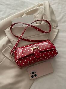 Women's Polka Dot Patent Leather Flap Crossbody Bag With Gold Buckle Adjustable Shoulder Strap, Casual Daily Shoulder Bag - Red - View 7
