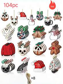 12pcs-104pc Halloween Horror Christmas Wooden Decorations, Scary Halloween Tree Ornaments, Horror Wooden Halloween Christmas Hollow Carved Decorations With Rope, Halloween Home Christmas Tree Party Decor - View 7