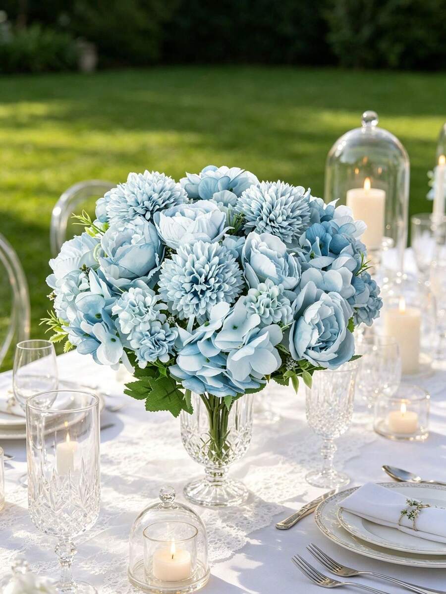 1/4PCS Artificial Peony Hydrangea Bouquet - Perfect For Wedding Decoration DIY Wreath Material, Bridal Bouquet, Wrist Flower, Boutonniere, Headdress, Wedding Car Decoration, Door Arch Decoration, Home, Restaurant, Bedroom, Vase Decoration, Birthday - Blue - View 1