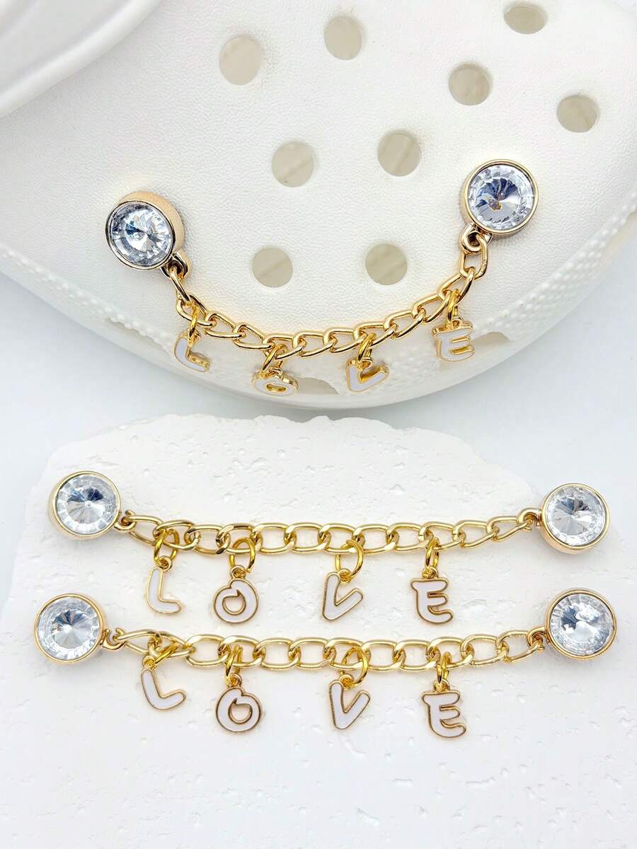 1 Pair LOVE Letter Shoe Chain Charms, Gold Tone Rhinestone Shoe DIY Decorations - Gold - View 1