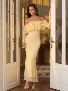 PARTHEA Elegant Yellow Off‑Shoulder Mermaid Maxi Dress, Layered Lace Ruffle Neck Mesh Long Sleeve Bodycon Party Gown - Yellow - View 3