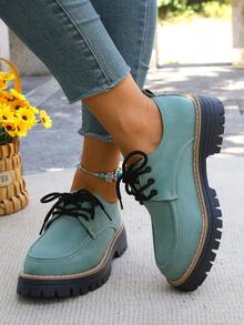 WTKMRSSTEP Autumn/Winter Vintage Thick Sole Loafers British Casual Commuter Shoes For Women - Mint Blue - View 4