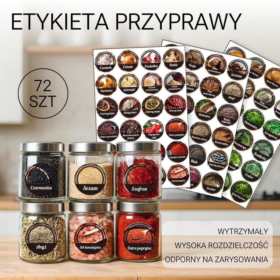 Polish/72pcs/Set Kitchen Storage Jar Labels Stickers Self-Adhesive Waterproof Vinyl Stickers Flour Sugar Salt Rice Noodles Spices And Other Seasoning Jar Labels Round Stickers Kitchen Cabinet Organization Essential Durable Easy To Apply Oil-Resistant Home Storage Classification Stickers Removable No Residue - 72 Polish Spice Stickers - View 1