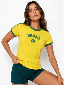 Women's Brazil Embroidered Flag Slim Fit T-Shirt - 黃色的 - 查看 1