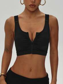 Women's Solid Color Removable Padded Zipper Collar Criss-Cross Back Sports Knit Bra Black - Black - View 5