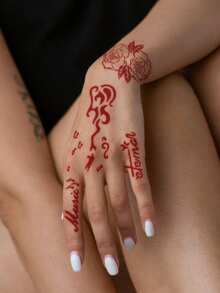 STARTTOOS 2PCS(Tattoo Stencil + Tattoo Dye) Hollow Floral Butterfly Feather Word Phrase Pattern Nail Art Tattoo, Suitable For Hands, DIY Painting, Ink, Reusable Mehndi Design Stencil Ink - Red - View 5