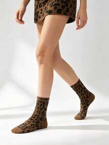 1/5/8 Pairs Women's Leopard Print Fashion Casual Mid-Calf Socks, Breathable And Comfortable, Suitable For Daily Wear And Outings, All-Season Vintage Leopard Print Mid-Calf Socks For Women, Versatile Slouch Socks For Autumn/Winter - Multicolor - View 5