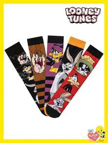5 Pairs Unisex Socks Warner Bros. Co-Branded Bugs Bunny & Tweety Cartoon Animal Striped Mid-Calf Socks, Suitable For Halloween And Other Holidays, Autumn/Winter - View 2