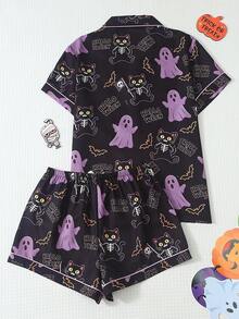 2pcs/Set Women's Comfortable Halloween Skeleton Cat Ghost Print Collared Short Sleeve Top And Bowknot Shorts Pajama Set - Black - View 2