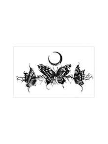 1 Sheet Dark Tone Drip Crescent Moon Triple Butterfly Lower Back Horizontal Temporary Tattoo Sticker, Waterproof Long-Lasting Gothic Celestial Fake Tattoo, Body Art Decal For Hip Rib Side Waist Upper Thigh - Black - View 5