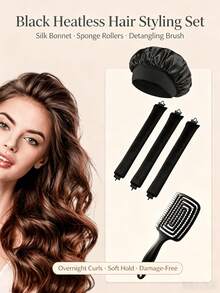 5/1pc Set Black And Pink 2-Color Optional Heatless Curling Set, Satin Sleep Cap, Soft Sponge Heatless Curling Rod And Vent Exfoliating Brush Kit, Women's Overnight Damage-Free Wavy Styling Tool, Gentle Soft Grip Slouchy Curling Device For Medium To Long Hair, DIY Salon Home Hair Styling Accessory Gift Set - Multicolor - View 2