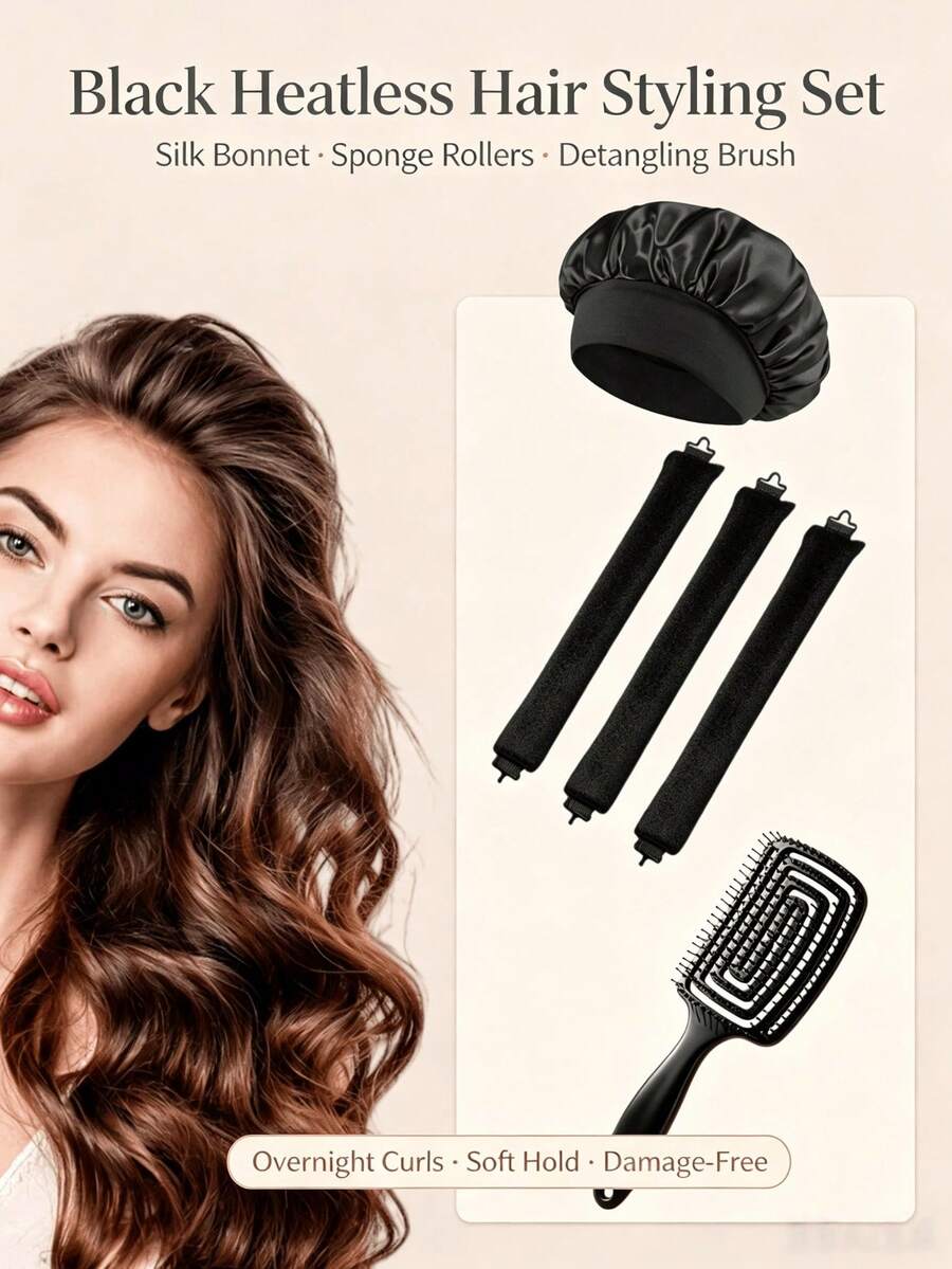 5/1pc Set Black And Pink 2-Color Optional Heatless Curling Set, Satin Sleep Cap, Soft Sponge Heatless Curling Rod And Vent Exfoliating Brush Kit, Women's Overnight Damage-Free Wavy Styling Tool, Gentle Soft Grip Slouchy Curling Device For Medium To Long Hair, DIY Salon Home Hair Styling Accessory Gift Set