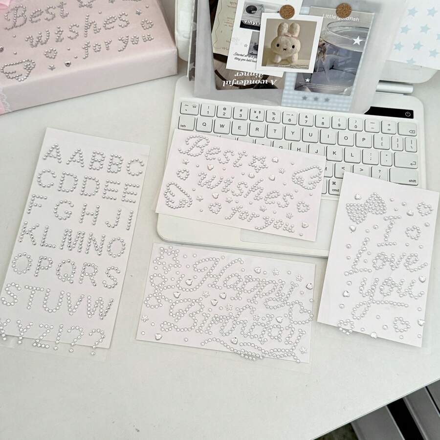 [Back To School]4 Sheets Alphabet Letter Rhinestone Stickers Silver Self-Adhesive Pearl Gem Decals Sweet Phrase Heart Star Crystal Stickers For Goo Card Scrapbook Gift Box Phone Case DIY Crafts Birthday Wedding Party Decor - Silver - View 1