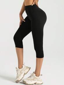 NcmRyu 1pc Women's Fashionable Elastic Capri Sports Pants - Black - View 5