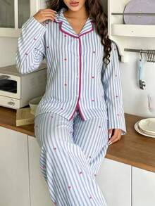 2pcs Women's Striped Print Long Sleeve Top + Elastic Straight Leg Pants Loungewear Set - Blue - View 3