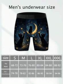 Men's Novelty Shorts, Forest-Style Moonlit Night Little Black Cat Printed Underwear, Knitted Fabric, Sporty Casual Men's Long Boxer Briefs - Multicolor - View 4