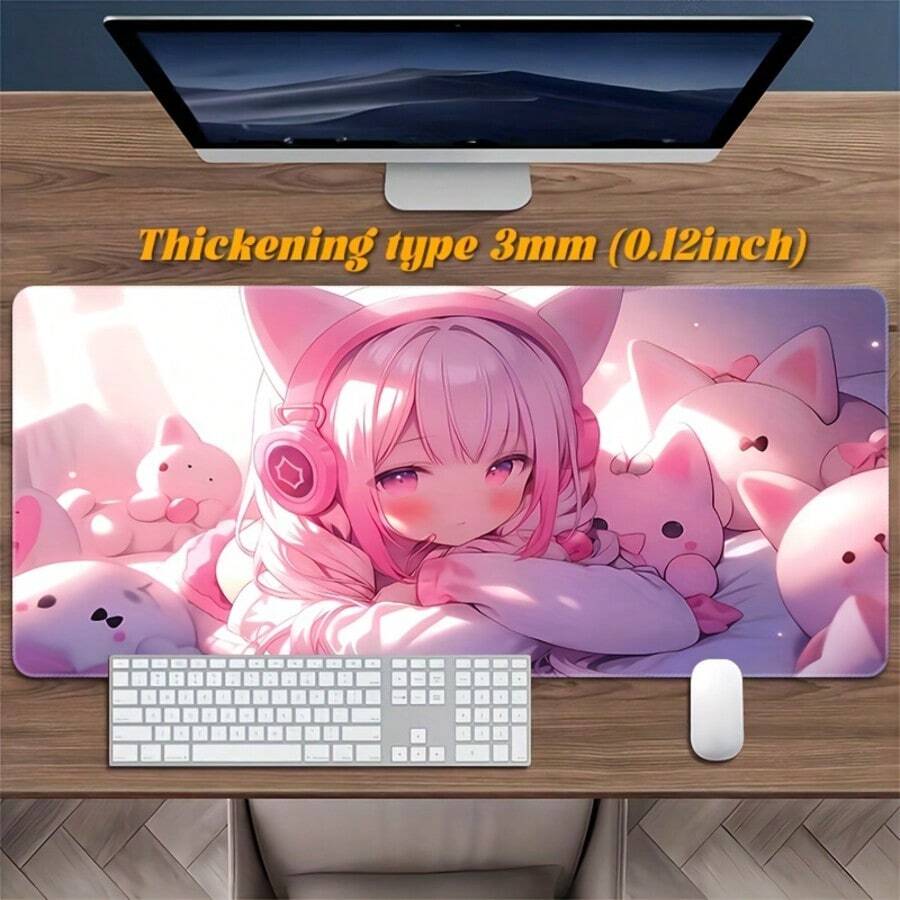 Features A Pink-Themed Anime Girl Design; Suitable For Use As A Large Mouse Pad, Keyboard Mat, Or Non-Slip Home/Office Desk Mat. It Utilizes High-Definition Color Printing, Is Designed Specifically For Esports Gaming, And Features Durable Stitched Ed - Mouse Pad - View 1