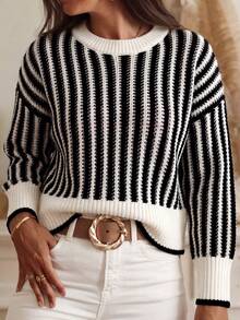 Plus Size Casual Striped Sweater, Autumn/Winter - Multicolor - View 3