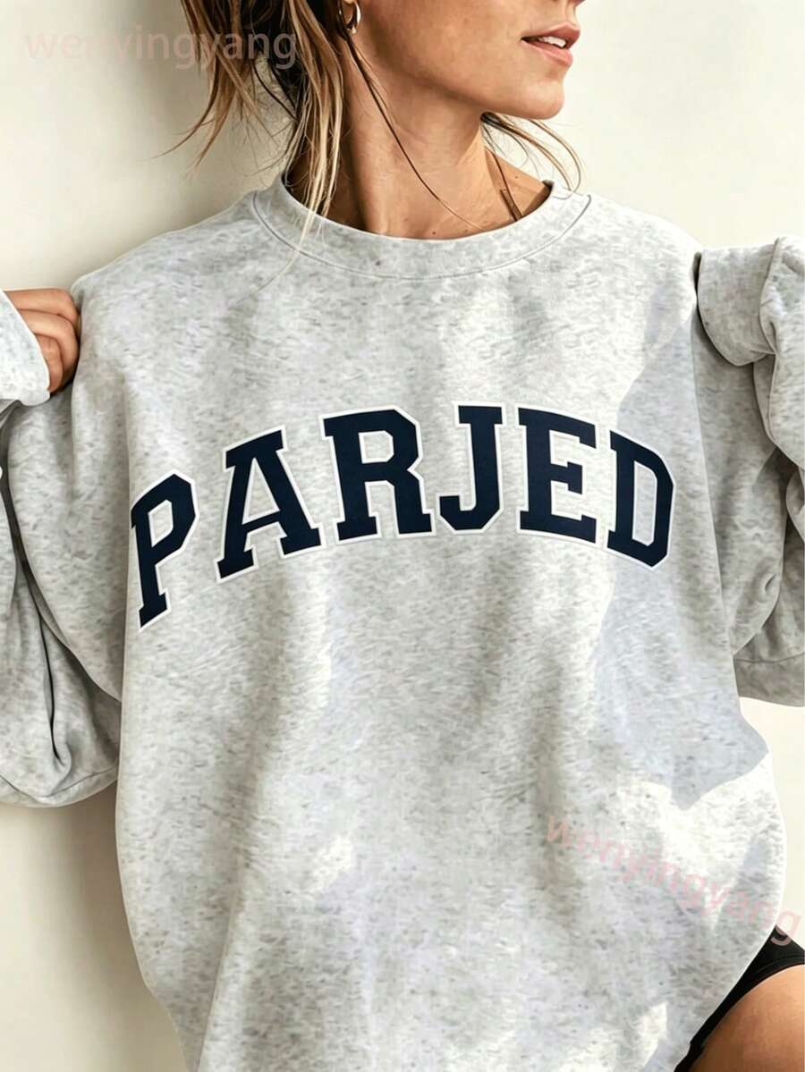 Women's Casual Letter Print Oversized Pullover Sweatshirt, Loose Fit Crew Neck Long Sleeve Hoodie, Fall Outfits For Airport, Back To School,Unisex-L91 - 淺灰色 - 查看 1