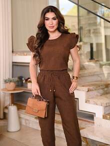 Women Two-Piece Outfits - Coffee Brown/ Ruffle - View 5