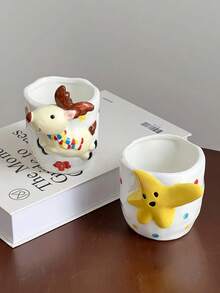 1pc 3D Embossed Star & Deer Handheld Coffee Mug, Exquisite Handmade Artistic Mug, Highly Attractive Niche Design, Interesting Cup, Ceramic - Suitable For Brewing Coffee, Strong Tea, Latte, Cappuccino, Christmas Gift - Multicolor - View 3