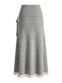 Elegant Women's Knitted Midi Dress, Grey Medium Stretch Fabric, Decorated With Exquisite Lace Hem, Autumn Fashion Choice - Grey - View 10