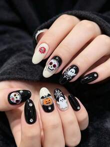 1pc Halloween Carnival Night Mexican Day Of The Dead Painted Skull Nail Stickers, Paired With Rhinestone Stickers, Colorful Patterned Skull With Skeleton And Flower Elements, Exotic Vintage Style, Thin And Adherent Base Film With No Curling Edges, Suitable For Transparent Black And Nude Coffee Nail Shapes, Halloween Party Light-Cured Wearable Nail Decorative Stickers - Multicolor - View 2