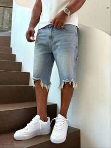 Blue Frayed Hem Denim Shorts, Loose Straight Leg Cut, Asymmetrical Distressed & Frayed Hem Design, Vintage Wash Texture, Casual Streetwear Basic - Blue - View 4