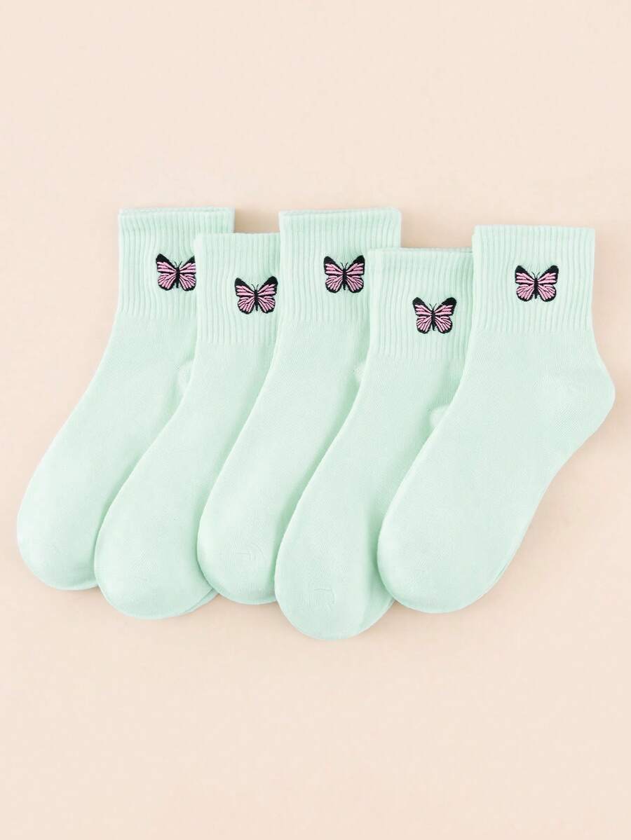 1/5/10 pares de calcetines de media caña acanalados, calcetines de media caña con bordado de mariposa exquisita estilo Y2K, suaves, cómodos, estéticos, casuales, de alta elasticidad, versátiles para todas las estaciones, para mujer - Azul Cadete - Ver 1